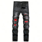 Men y2k Stretchy Skinny Denim Jeans For Men Casual pants Ripped Patchwork Hole Slim Fit Denim Hip Hop Black Straight Trousers - Matrix Studios