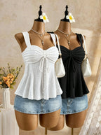 Women Sweetheart Neck Drawstring Ruched Peplum Cami Top Polka Dot Print Sleeveless Casual Camisole Outfit - Matrix-studios.com