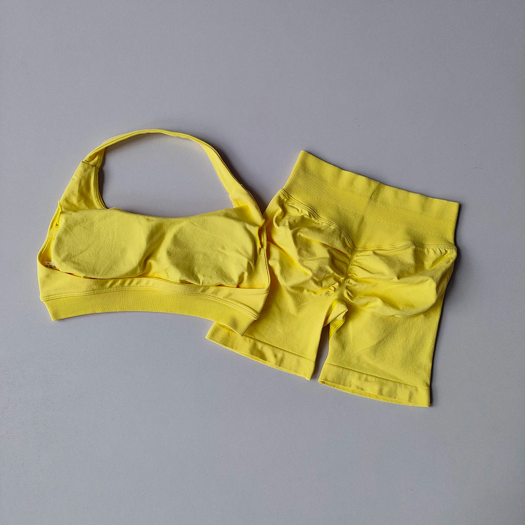 2 Pieces Yoga Suit for Women Seamless Fitness Gym Clothes Halter Sports Bra Matching Shorts Workout Sets Gym Set Outfit - Matrix-studios.com