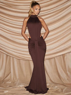 Mozision Turtleneck Backless Sexy Maxi Dress Women Gown Elegant Off-shoulder Sleeveless Ruched Bodycon Club Party Long Dress - Matrix-studios.com