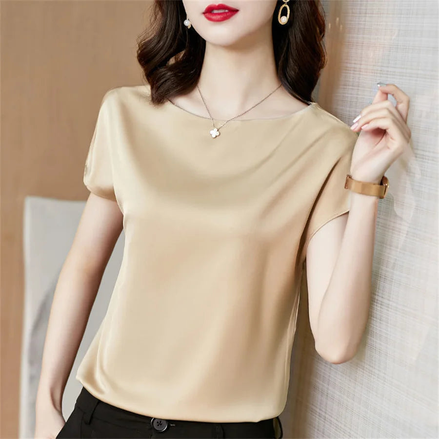 Office Lady Tops Summer Short Sleeve O-Neck Blouses Satin Blouse Women Shirts Simple Solid Casual Loose Shirt Blusas DF4904 - Matrix-studios.com