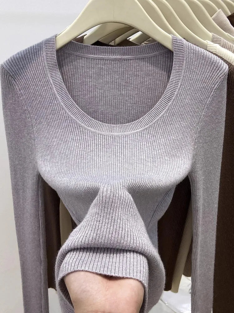 Zjaiss Solid Color O-neck Knitted Pullovers 2026 Women's Autumn Winter New Slim Fit Sweater Soft Warm Simple Base Layer Top - Matrix Studios