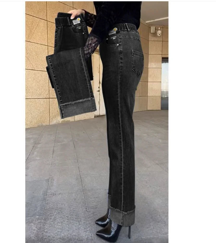 Middle-aged Women's Jeans Spring Autumn Stretch Waist Straight Denim Pants Large Size Loose High Waist Casual Black Blue Trouser - Matrix-studios.com