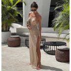 2026 Kintted Cover Up Beach Sexy See Through Maxi Slit Bodycon Summer Dress Bikinis Cover-ups  Elegant Halter Beachdress - Matrix Studios