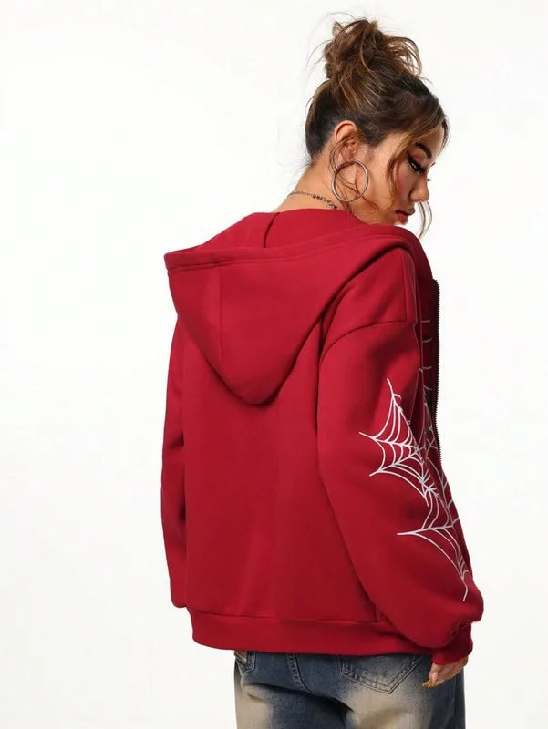 2026 Y2K Spider Web Print Unisex Zip Up Hoodie| Oversized Loose Fit for Men & Women, All Seasons - Matrix Studios