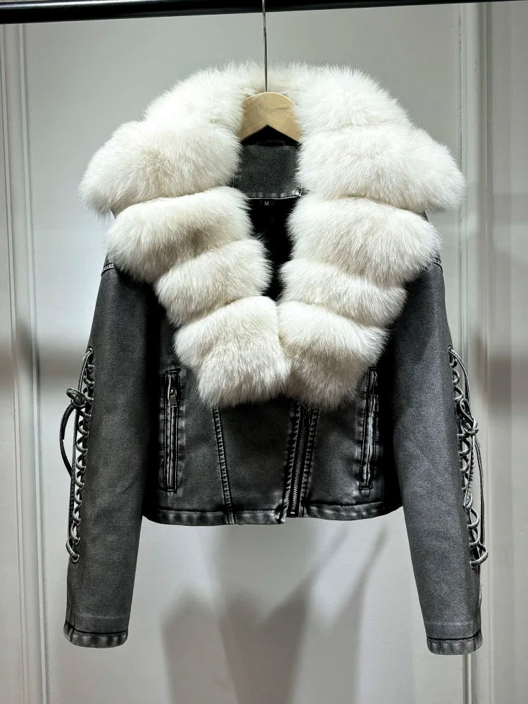 2024 Luxury Autumn Winter Real Natural Fox Fur Collar Washed Leather Coat Women Lace-up Faux Pu Leather Short Tassel Loose Coat - Matrix Studios