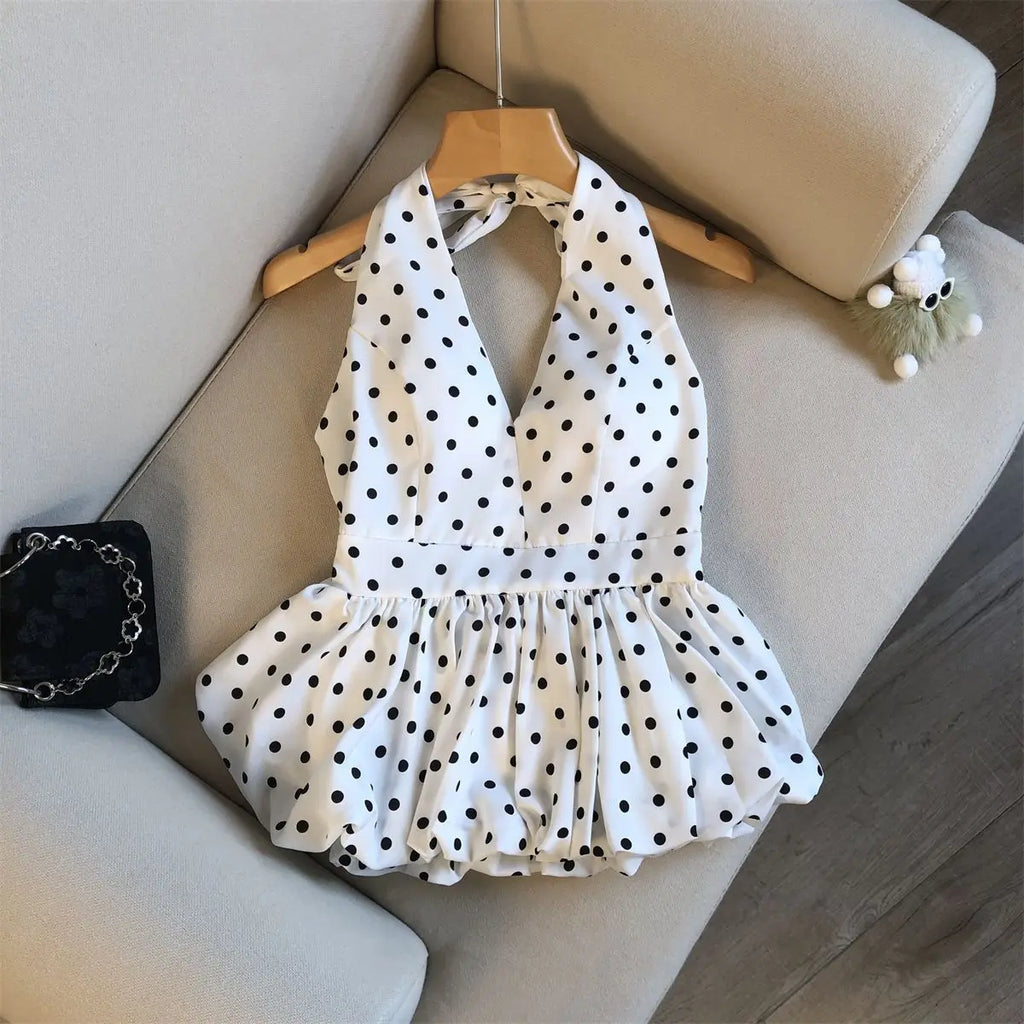 Backless Sexy Halter Beach Babydoll Crop Tops Women Polka Dots V Neck Sleeveless T Shirt Ruffles Basic Tees Not-Padded Pad - Matrix-studios.com