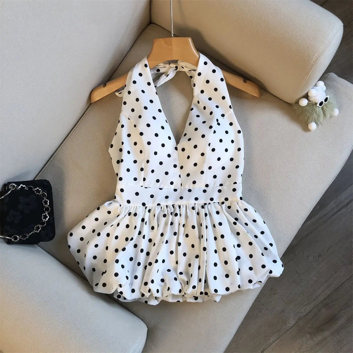 Backless Sexy Halter Beach Babydoll Crop Tops Women Polka Dots V Neck Sleeveless T Shirt Ruffles Basic Tees Not-Padded Pad - Matrix-studios.com