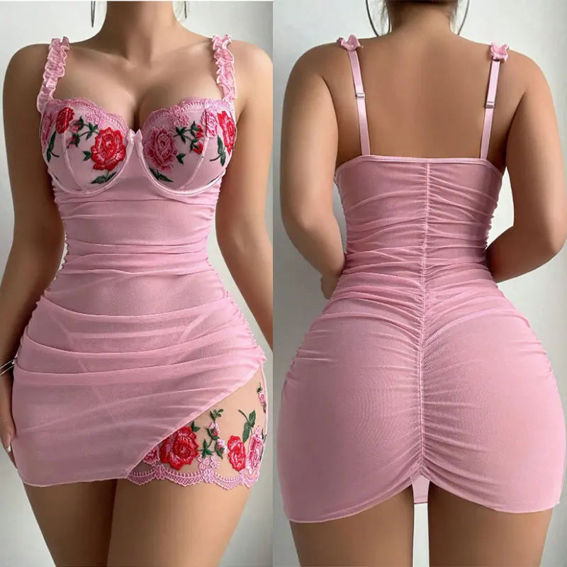 Transparent Sexy Lingerie Woman Underwire Bra And Panty Set Embroidery Floral Dress Elegant Nightdress Intimate Nightgown - Matrix-studios.com