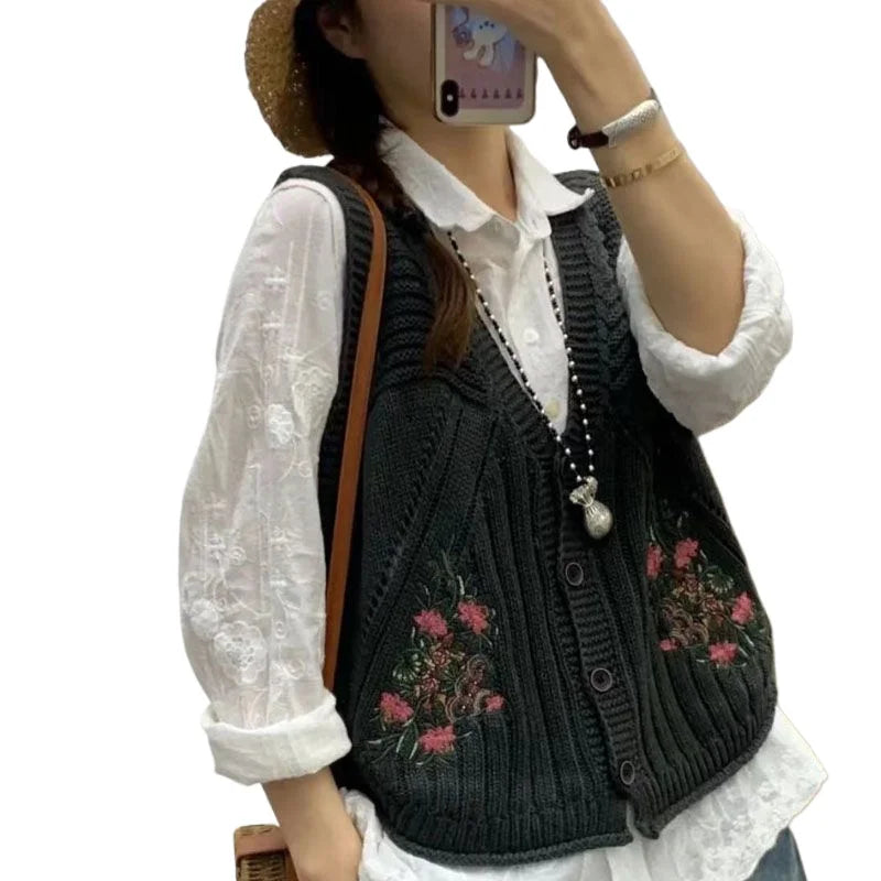 Vintage Embroidery Knitted Vests Sleeveless Cardigan Buttons Pockets Spring Autumn Tops Coats Waistcoat Design Trend Vests New - Matrix Studios