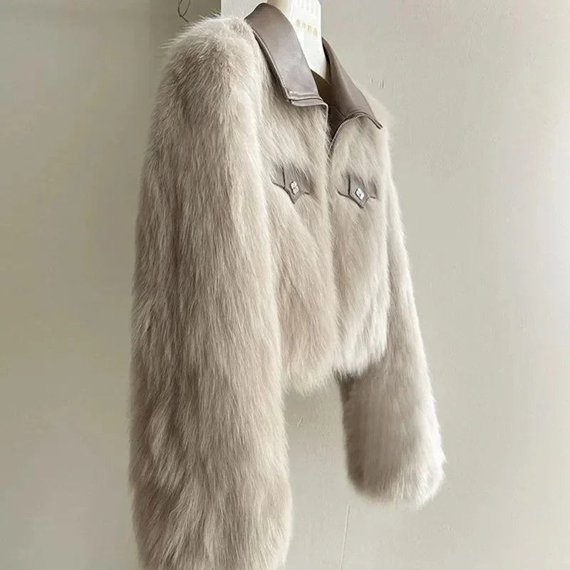 Women's Short Lapel Imitation Fox fur grass Coat 2025 Autumn Winter New Korean version Fashion Thicken Zipper Fur Coat Top - Matrix Studios