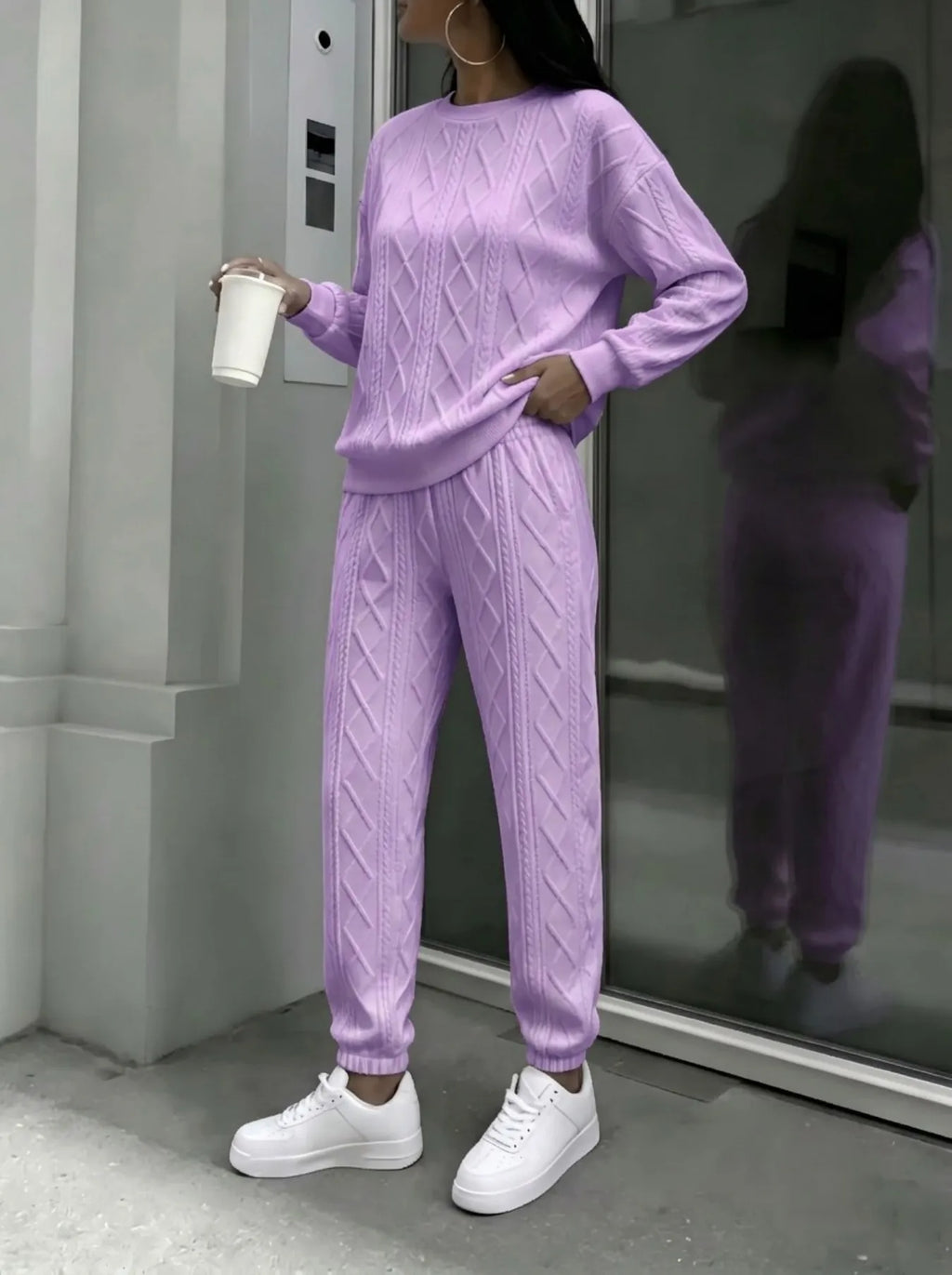 Women Cable Knit 2 Piece Outfit Set, Crewneck Long Sleeve Sweater Top & Drawstring Jogger Pants, Casual Loose Matching Loungewear Tracksuit For Street Daily Wear