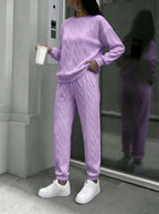 Women Cable Knit 2 Piece Outfit Set, Crewneck Long Sleeve Sweater Top & Drawstring Jogger Pants, Casual Loose Matching Loungewear Tracksuit For Street Daily Wear