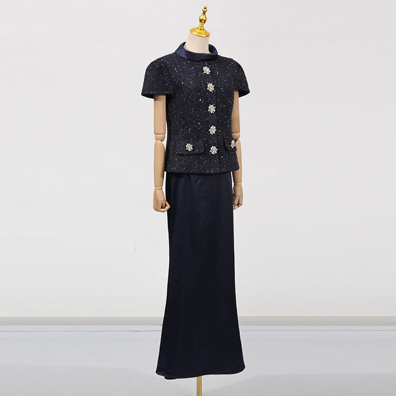 VGH Chic Two Piece Sets for Women Stand Collar Short Sleeves Spliced Pocket Tweed Top High Waist Maxi Skirts Vintage Suit Female - Matrix-studios.com