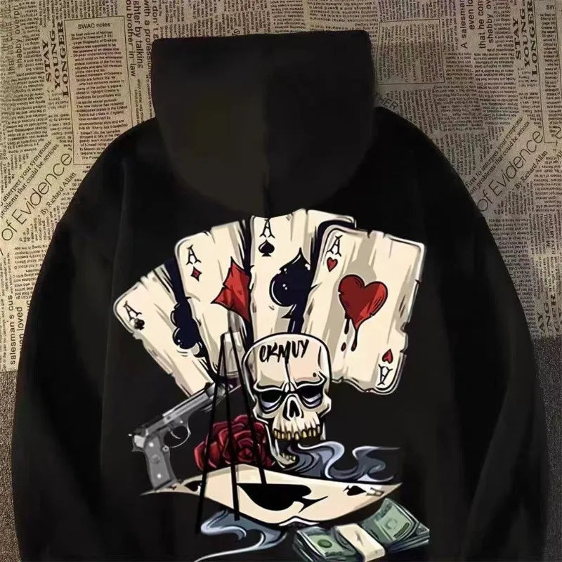 【M-8XL Hoodies】Autumn Men Pullover Hoodie Oversized Sweatshirt Fashion Loose Skeleton Poker Print Long Sleeve Couple Clothes - Matrix Studios