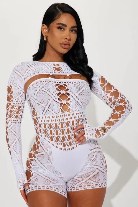 Women's Sexy Long Sleeve Jumpsuit See Through Outfit Sheer Mesh Hollow Out Night Club Short Romper - Matrix Studios