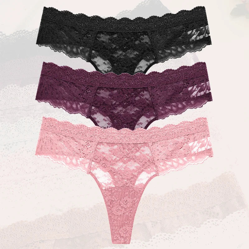 3Pcs Lace Sexy Thongs Women Low-Rise Briefs Sexy Soft Ladies Underwear Trendy Floral Underpants Female Flowery Panty Lingerie - Matrix Studios