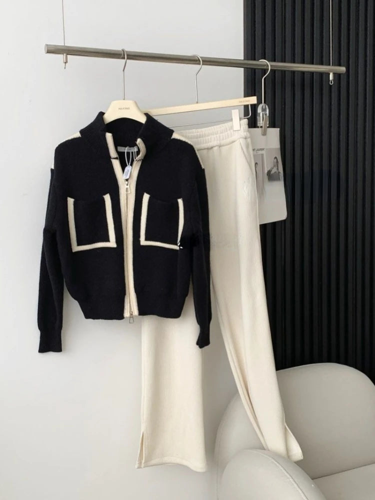 Y2k Elegant Casual Knitted Chic Jumpers Double Zipper Pockets Tender Cardigans Women Sweet Loose Stand Neck Sweaters Japanese - Matrix Studios