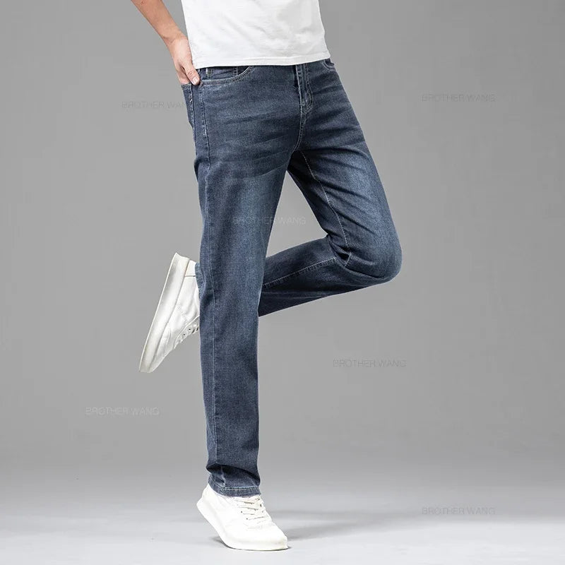 Summer Thin Men's Elastic Cotton Jeans Fashion Gray Comfortable Business Straight Casual Pants Brand Male Clothes Trousers - Matrix Studios