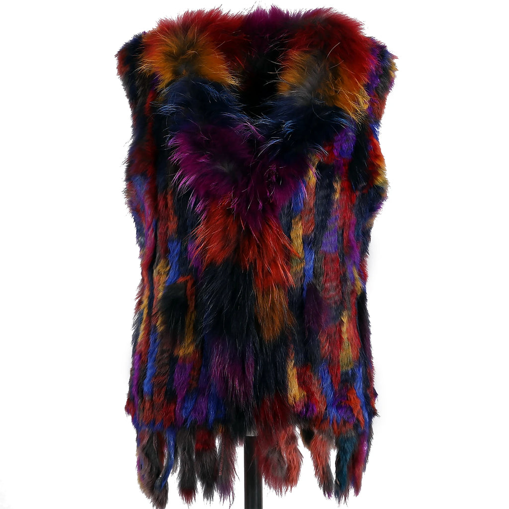 BOONJOVIA Women's 100% Real Rabbit Fur Knitted Vest Raccoon Fur Trim Collar Gilet Lady Fashion Waistcoat For Autumn Winter - Matrix Studios