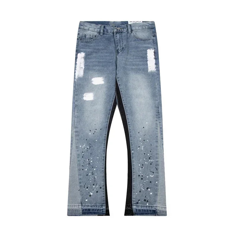 American retro washed letter spliced denim trousers high street trendy brand couple loose straight micro-flared long trousers - Matrix Studios
