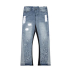 American retro washed letter spliced denim trousers high street trendy brand couple loose straight micro-flared long trousers - Matrix Studios