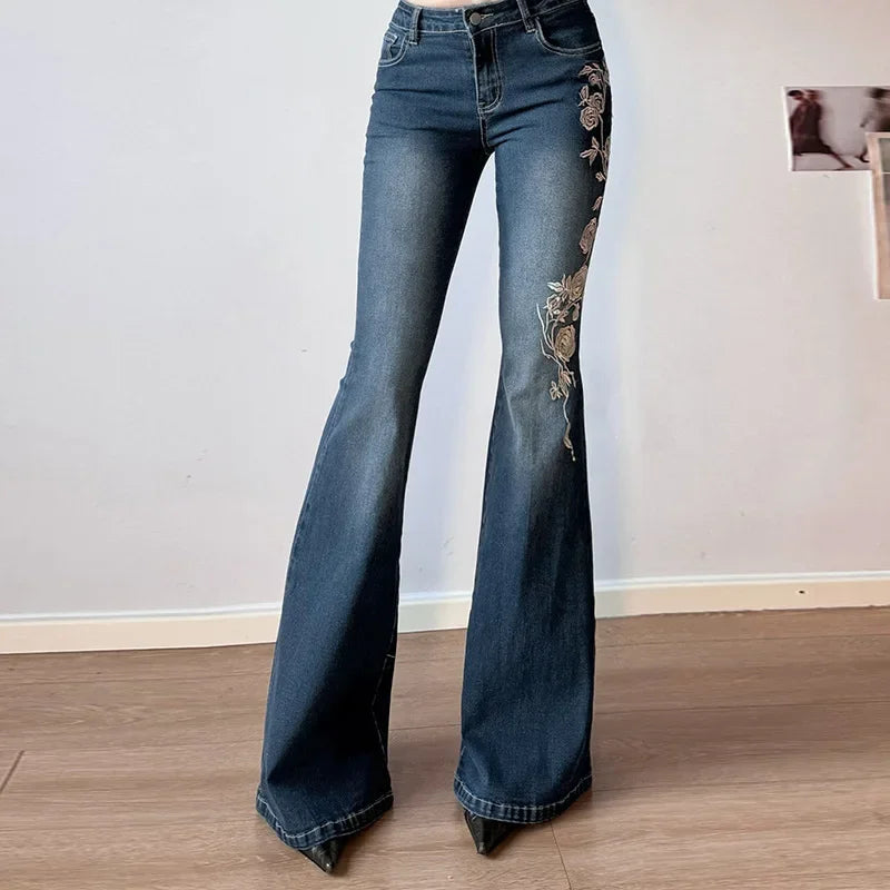 Women Retro Y2k Jeans Baggy Floral Embroidery Jeans Vintage 2000s Low Rise Flared Denim Pants High Street Basic Trousers - Matrix-studios.com