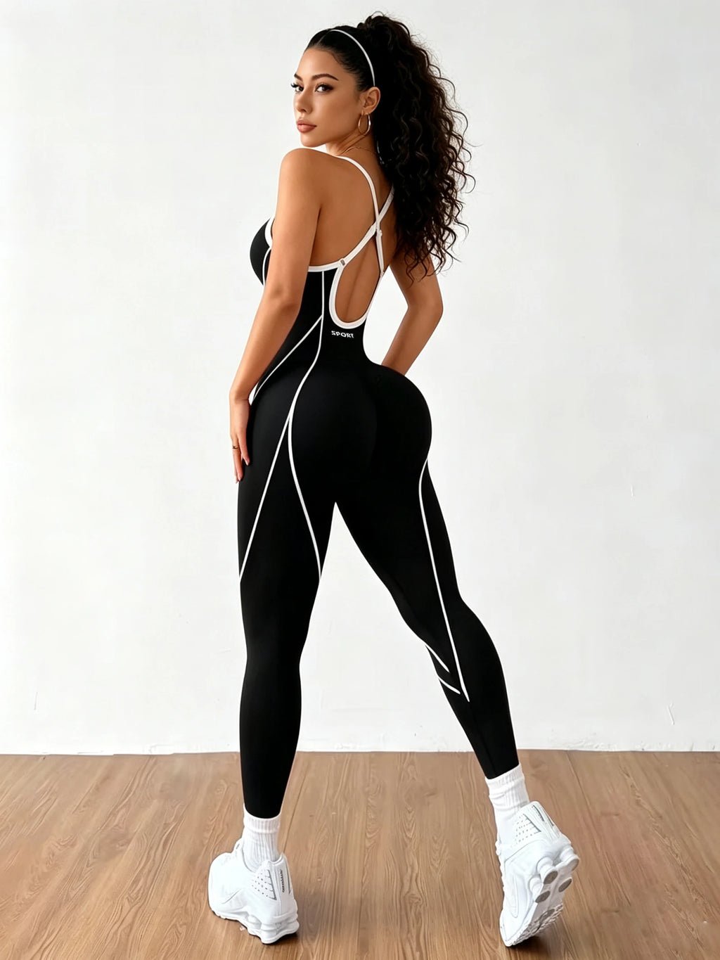 Women Contrast Piping Yoga Jumpsuit Thin Strap Open Back One Piece Workout Bodysuit High Elastic Slim Fitness Gym Sports Rompers - Matrix Studios