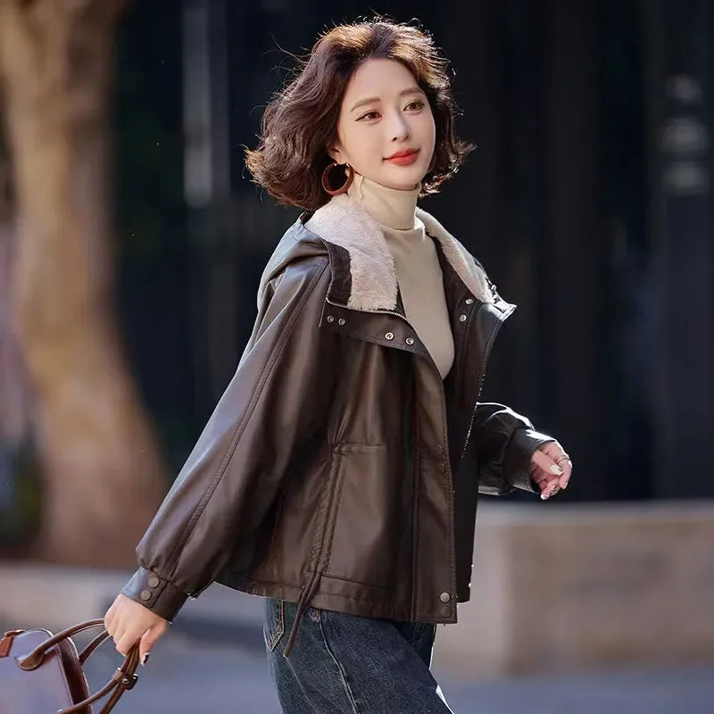 Plus Velvet Thickened Warm Leather Parka Autumn Winter New Chic Casual Loose Fur One-Piece Hooded Jacket Women's Outwear - Matrix Studios