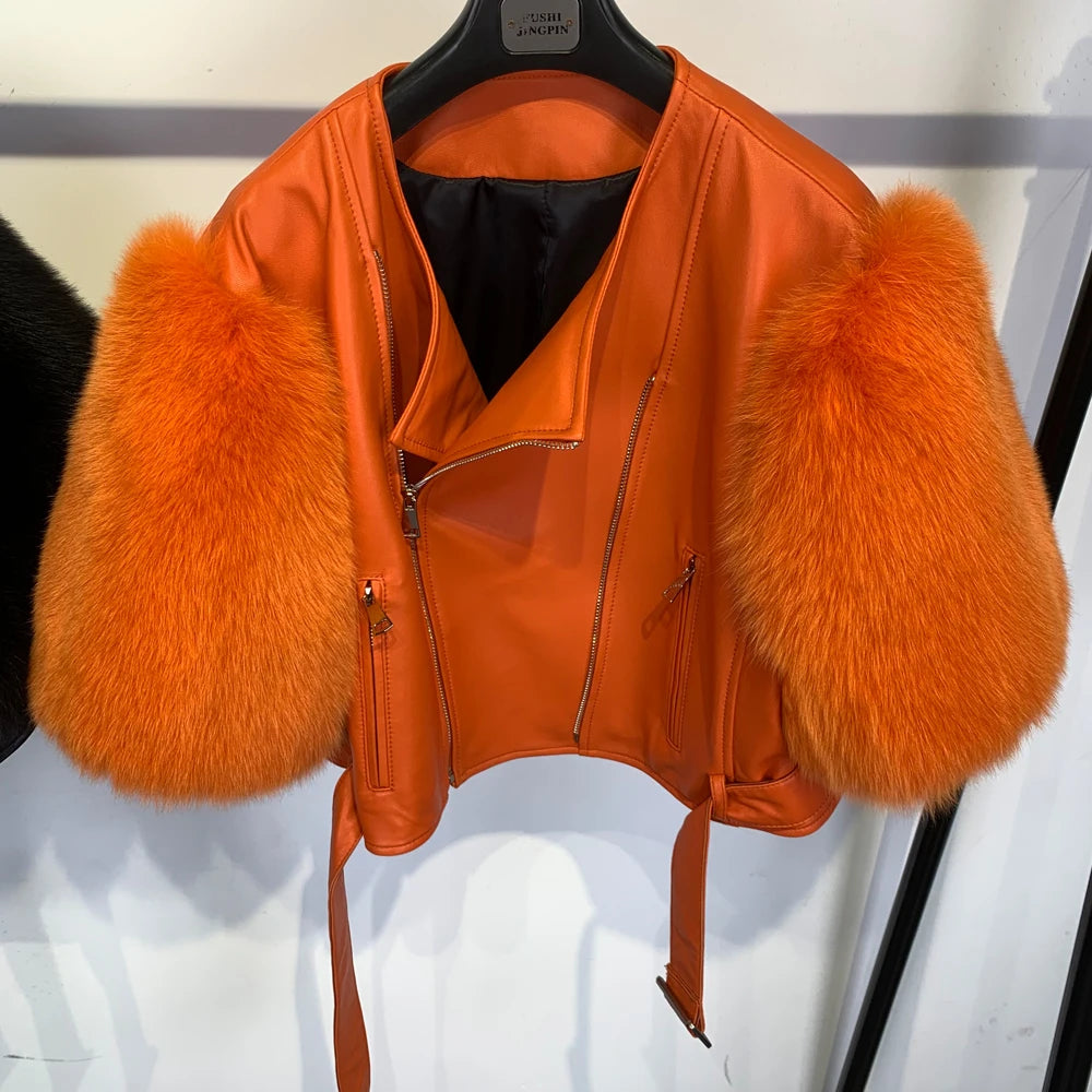 Leather Fur Jacket Natural Fur Sleeve Ladies Short Leather Jacket Real Fox Fur Sleeve Coat Women Autumn 21001-1 - Matrix Studios