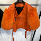 Leather Fur Jacket Natural Fur Sleeve Ladies Short Leather Jacket Real Fox Fur Sleeve Coat Women Autumn 21001-1 - Matrix Studios
