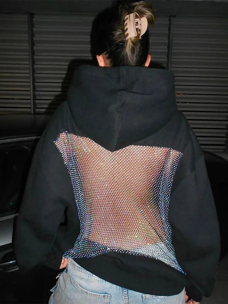 Sisterlinda Hooded Harajuku Sweatshirt Women Autumn Trend Backless ShinyThrea Mesh Patchwork Casual Street Hipster Pulloverr - Matrix-studios.com