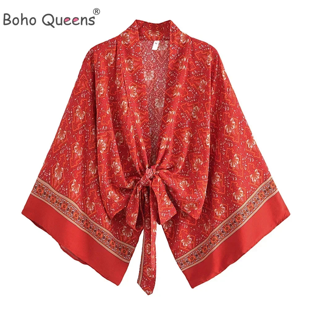 Boho Queens Red Floral Beach Kimono Short Robe Swimsuits Women Fashion Batwing Sleeves Rayon Bohemian Bikini Cover Ups Beachwear - Matrix Studios
