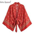 Boho Queens Red Floral Beach Kimono Short Robe Swimsuits Women Fashion Batwing Sleeves Rayon Bohemian Bikini Cover Ups Beachwear - Matrix Studios
