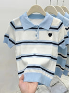 Polo Collar Striped Heart Knit Tee Women White Blue Black Short Sleeve Soft Stretch Sweet Daily Office SlimKnit T Shirt Blouse - Matrix-studios.com