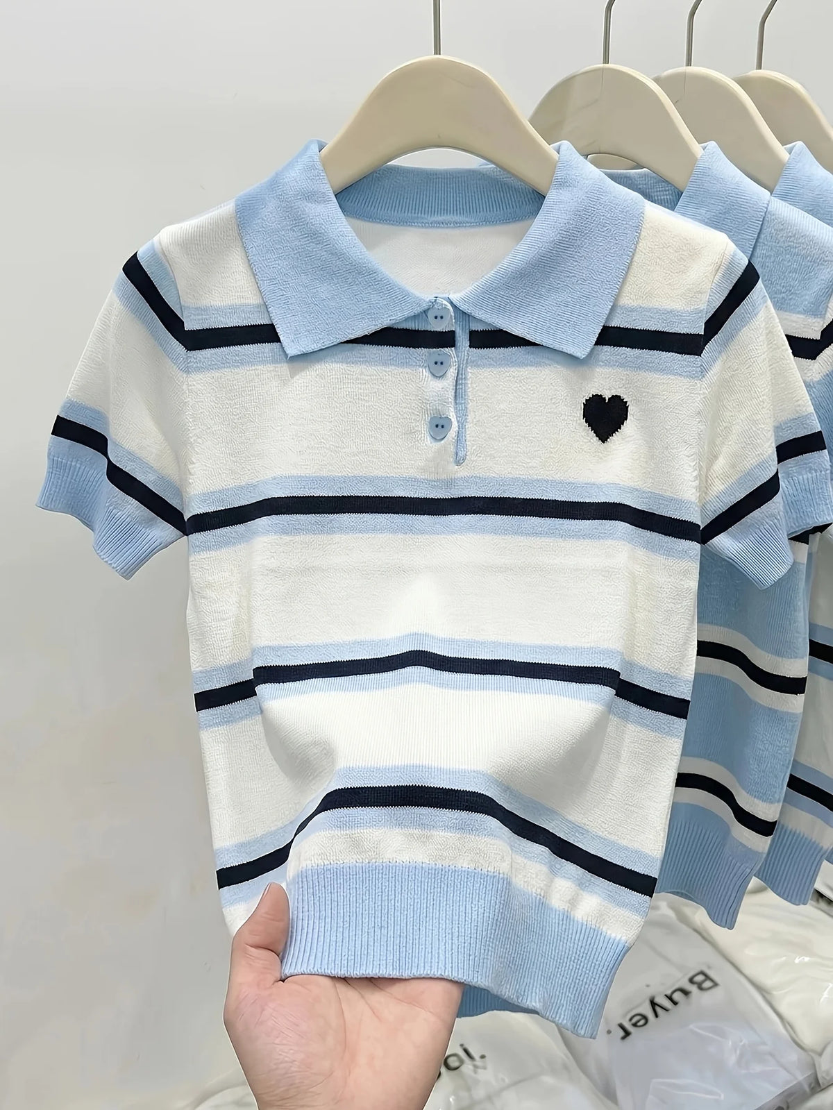 Polo Collar Striped Heart Knit Tee Women White Blue Black Short Sleeve Soft Stretch Sweet Daily Office SlimKnit T Shirt Blouse - Matrix-studios.com