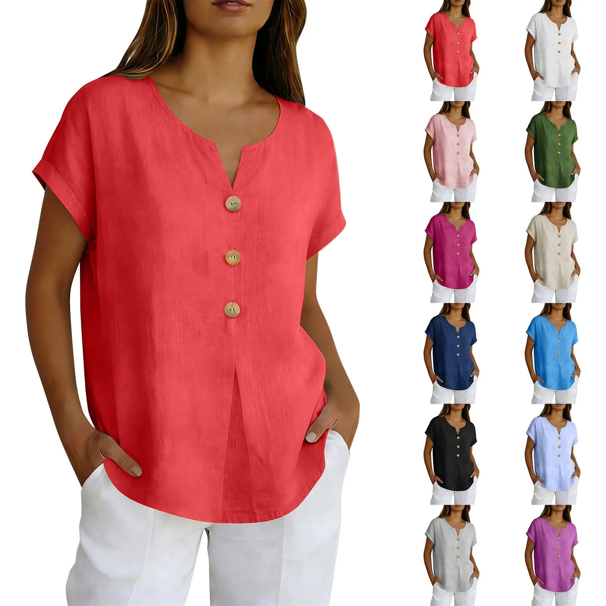 2026 Summer Basic Blouses Women's Shirts Solid Color Casual Short-Sleeve Cotton Linen Fashion Plus Size V-Neck Loose Button Tops - Matrix-studios.com