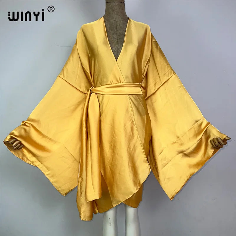 WINYI Kimono Boho Monocolour Kaftans Beach Wear Elegant купальник Holiday Beach Outfits for Women Bathing Suit Cover Ups Dress - Matrix Studios