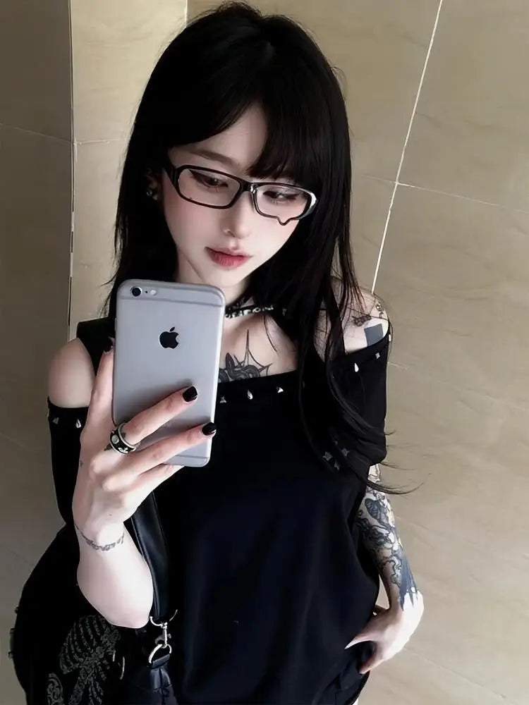 Seeslim Black Off Shoulder Cross Women's T-shirt Short Sleeve 2000s Clothes Y2k Summer Tops Tees Female Clothing Chic Vintage - Matrix-studios.com