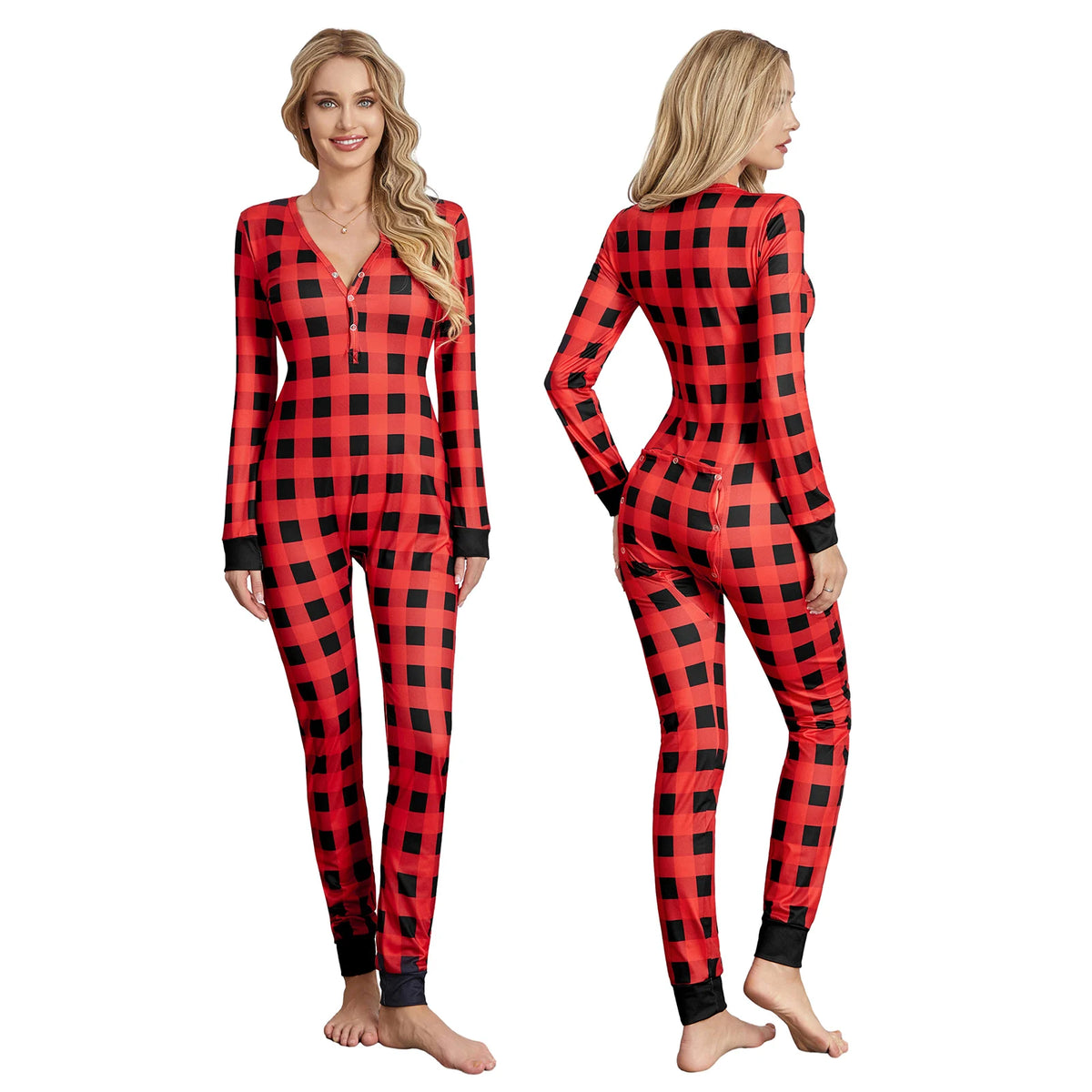 Women Buttoned Flap Jumpsuits Sleepwear Cow Printed Long Sleeve V Neck Bodycon Romper Spring Fall Loungewear - Matrix Studios