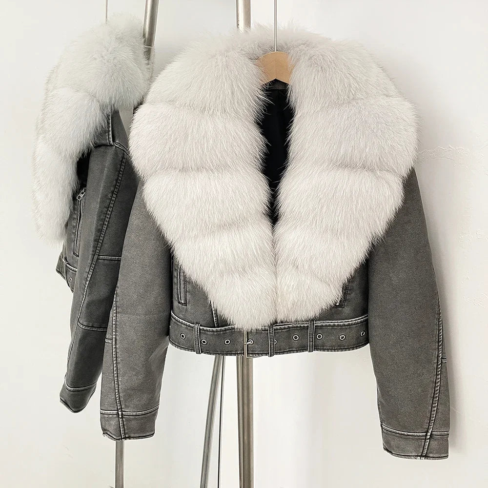 Fake Leather Coat New Natural Fox Fur Autumn Short Faux Leather Jacket Female Spring PU Women Long Sleeve Real Fur Coat Thin - Matrix Studios