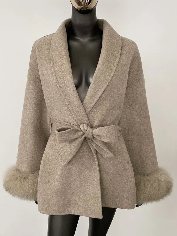 OFTBUY Oversize Loose Autumn Winter Women Coat Real Natural Fox Fur V-neck Woolen Blends Jacket Thick Warm Casual New Overwears - Matrix Studios