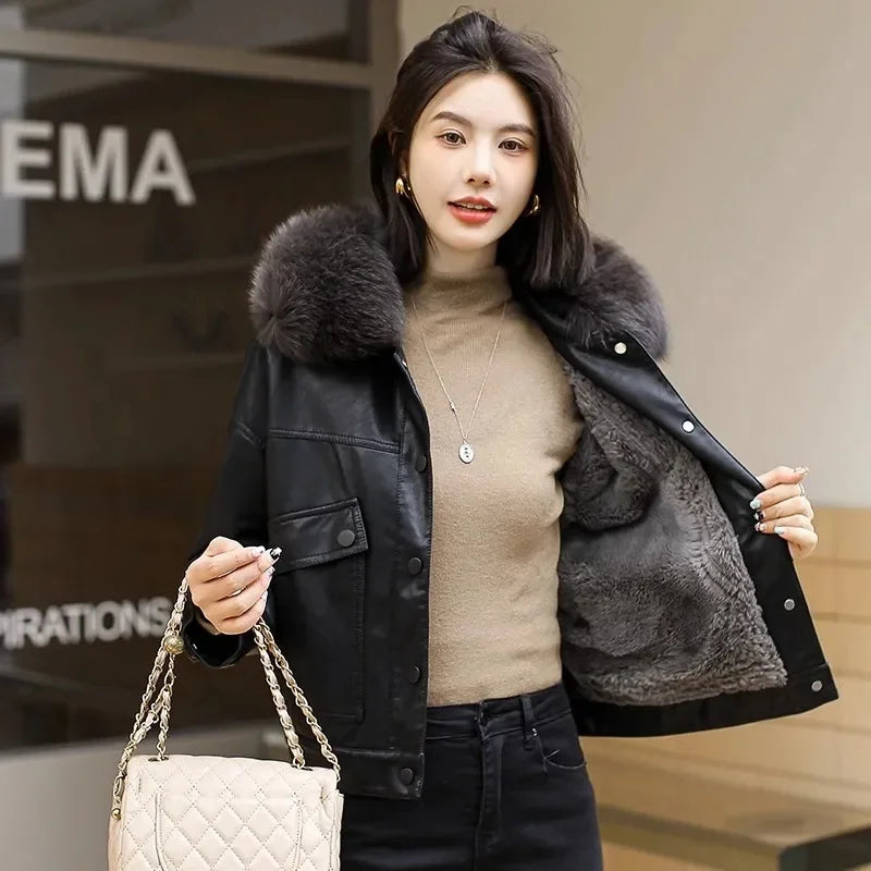 Winter Leather Jacket Women Short Coat Fleece Lining Thicken Warm PU Outerwear Rabbit Fur Jackets Ladies Velvet Tops Loose Coats - Matrix Studios
