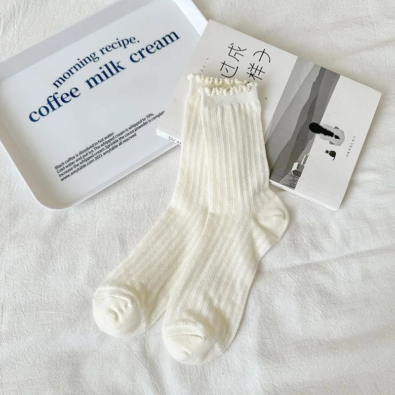 5 Pairs/Lot Women Hollow Mesh Tube Socks Ear Fungus Edge Socks Ins Trendy Spring Summer Loose Mouth Thin Style Girls Pile Socks - Matrix Studios