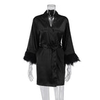 White Feather Robe With Fur Full Sleeves Sleepwear Satin Robes For Women Nightgown Bride Robe Gown Dress Bathrobe Female - Matrix-studios.com