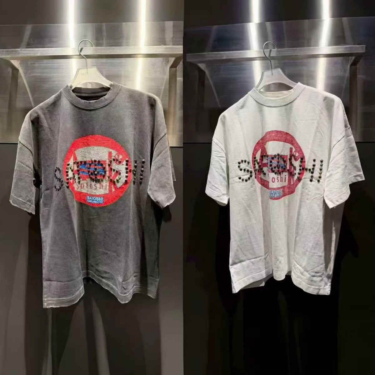 26SS Satoshi Nakamoto T-shirt Men's Multi-color Bead Letter Burst Pattern Print Washed Retro Loose Short Sleeve Streetwear - Matrix-studios.com