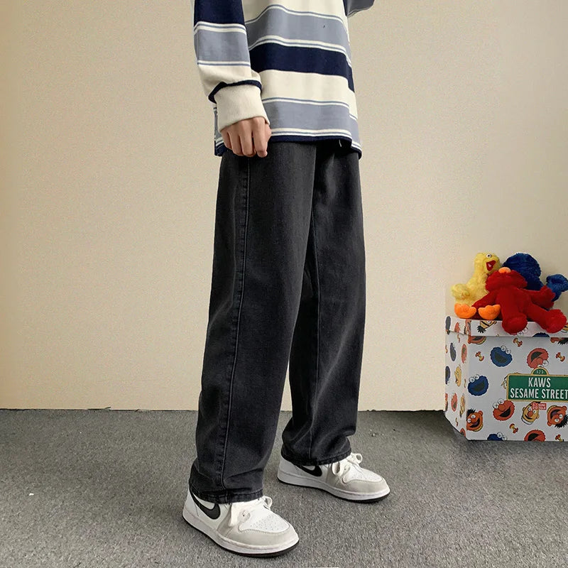 2023 Spring New Streetwear Baggy Jeans Men Korean Fashion Loose Straight Wide Leg Pants Male Brand Clothing Black Light Blue - Matrix Studios