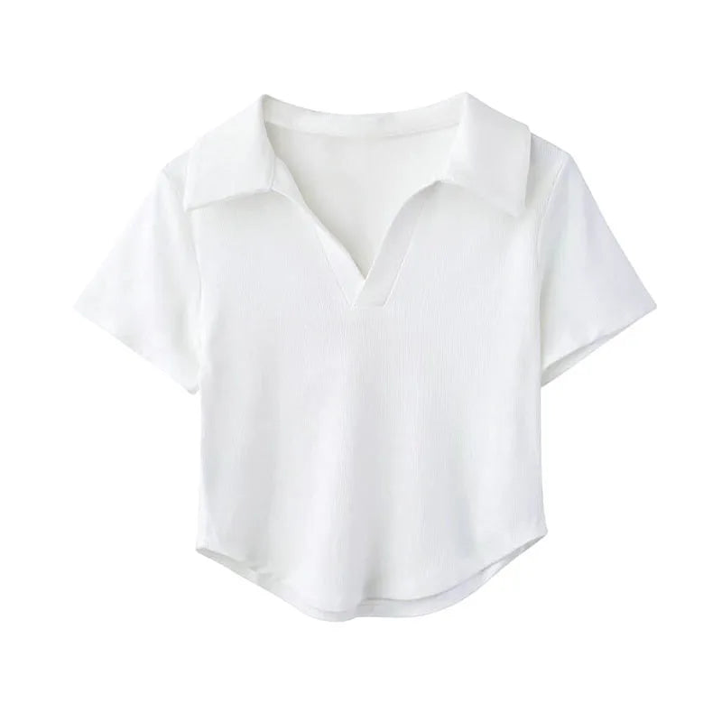 Zjaiss 2026 Summer Solid Slim Fit Women T‑Shirt Fashion Casual Versatile Cotton Tee Trendy POLO Neck Short Sleeve Crop Top - Matrix-studios.com