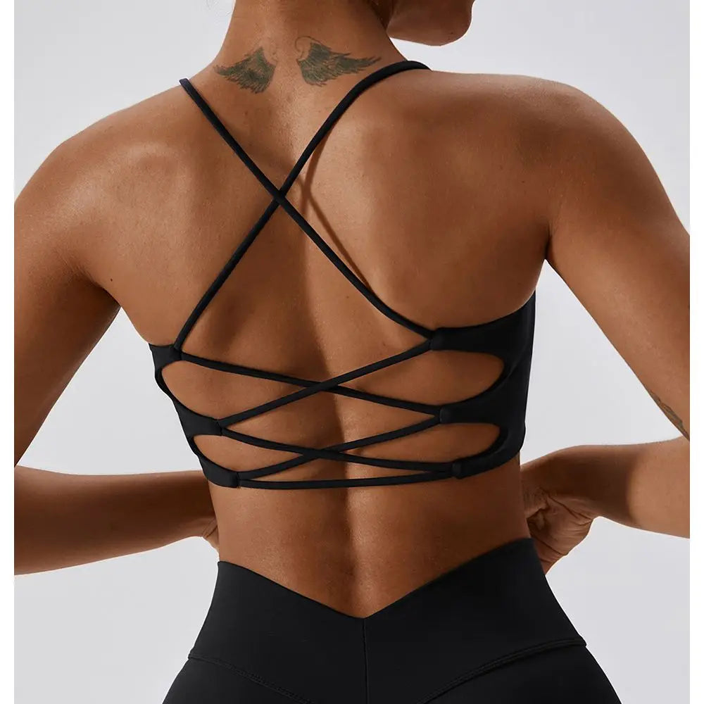 Solid Color U-Shaped Multi-Strap Cross Back Women Fitness Sports Bra Top Gym Yoga Athletic Tight Workout Jog Soft With Chest Pad - Matrix Studios