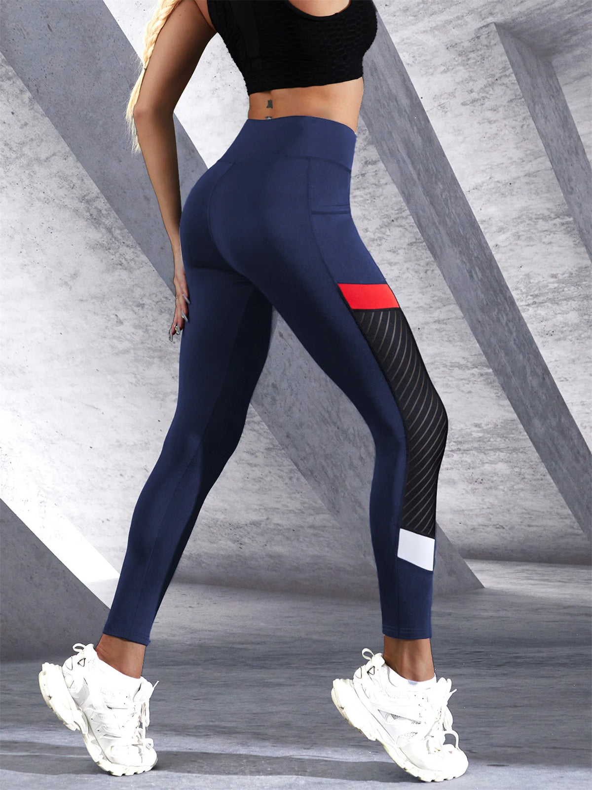 Colorblocked Mesh High Waist Yoga Pants with Side Pockets Leggings for Women Tummy Control Workout Shaping Leggings - Matrix-studios.com